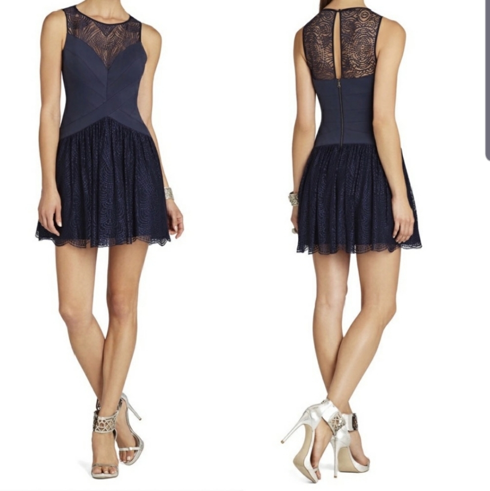Bcbgmaxazria Navy blue bandage and lace dress